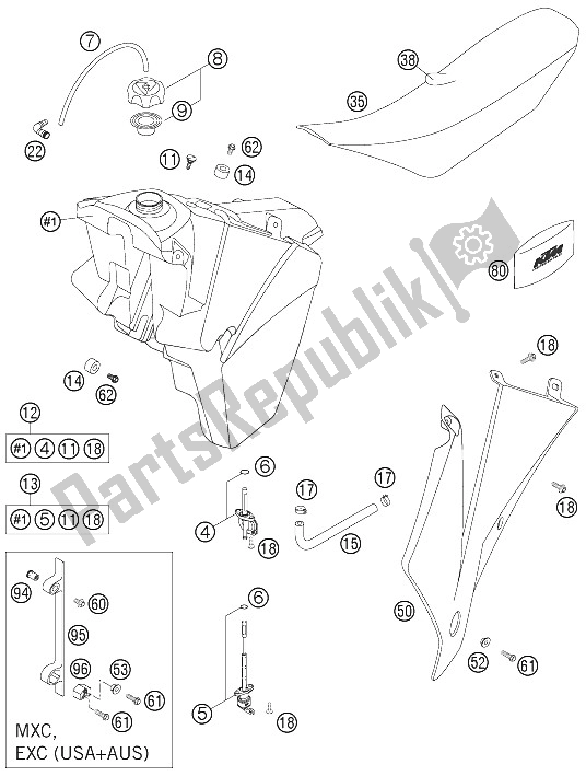 All parts for the Tank, Seat, Cover of the KTM 125 EXC Europe 2005