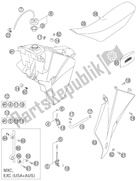 All parts for the Tank, Seat, Cover of the KTM 125 SX Europe 2005