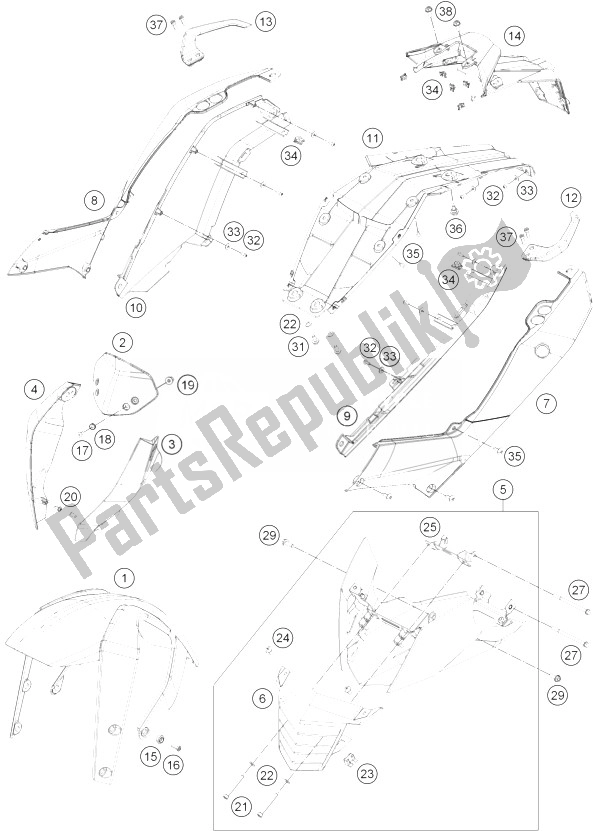 All parts for the Mask, Fenders of the KTM 200 Duke Orange ABS Bajdir 14 Europe 2014