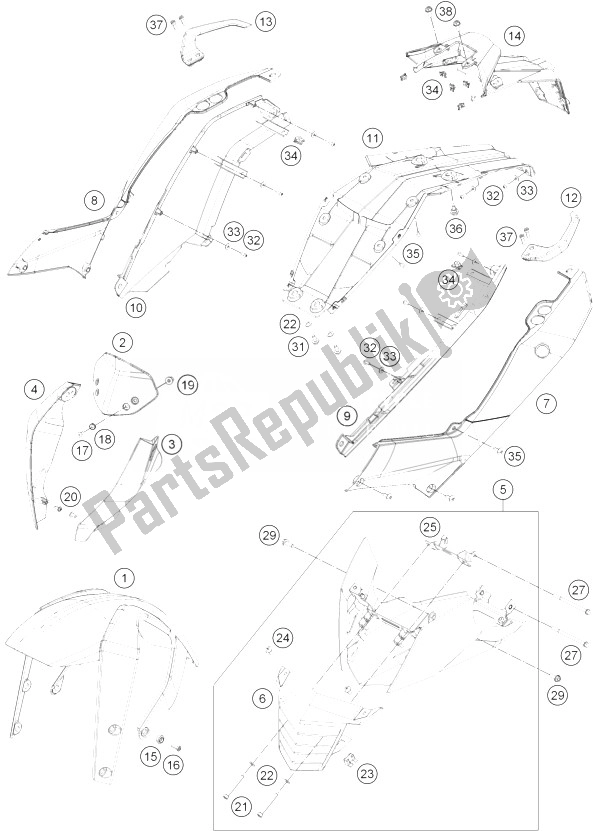 All parts for the Mask, Fenders of the KTM 200 Duke WH W O ABS CKD 14 China 2014