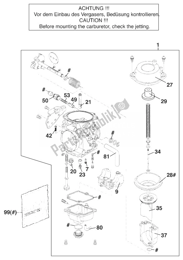 Todas as partes de Carburador Mikuni Bst40 Lc4 '98 do KTM 640 LC 4 Europe 1999