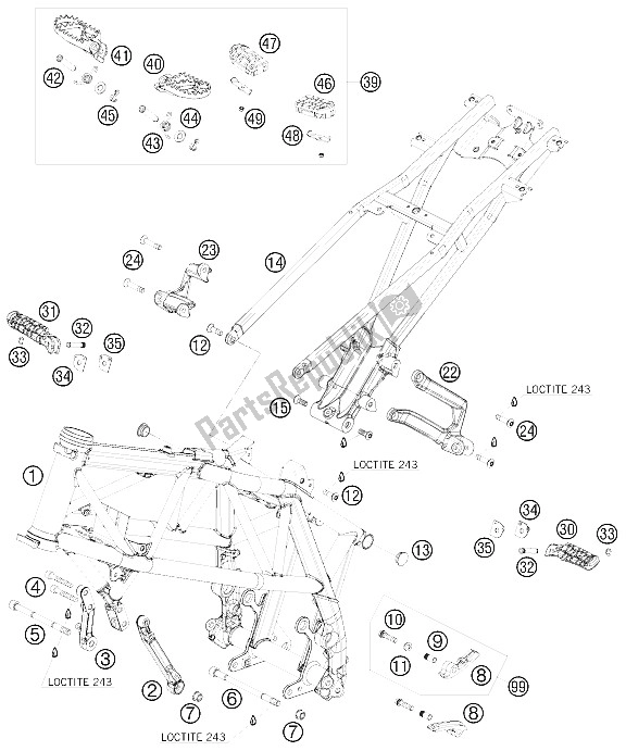All parts for the Frame of the KTM 690 Duke Orange Australia United Kingdom 2009