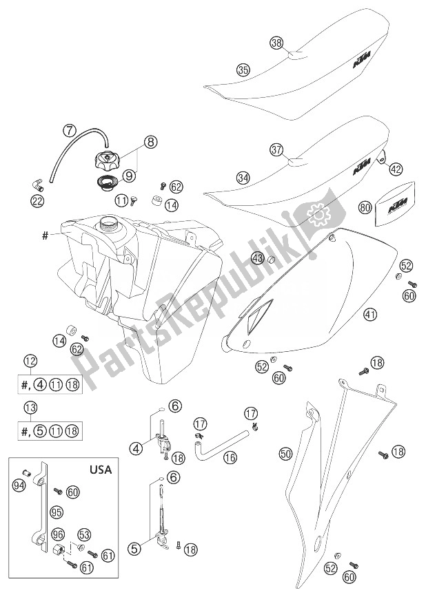 Tutte le parti per il Serbatoio Carburante, Sedile, Coperchio 125/200 del KTM 125 EXC Europe 2003