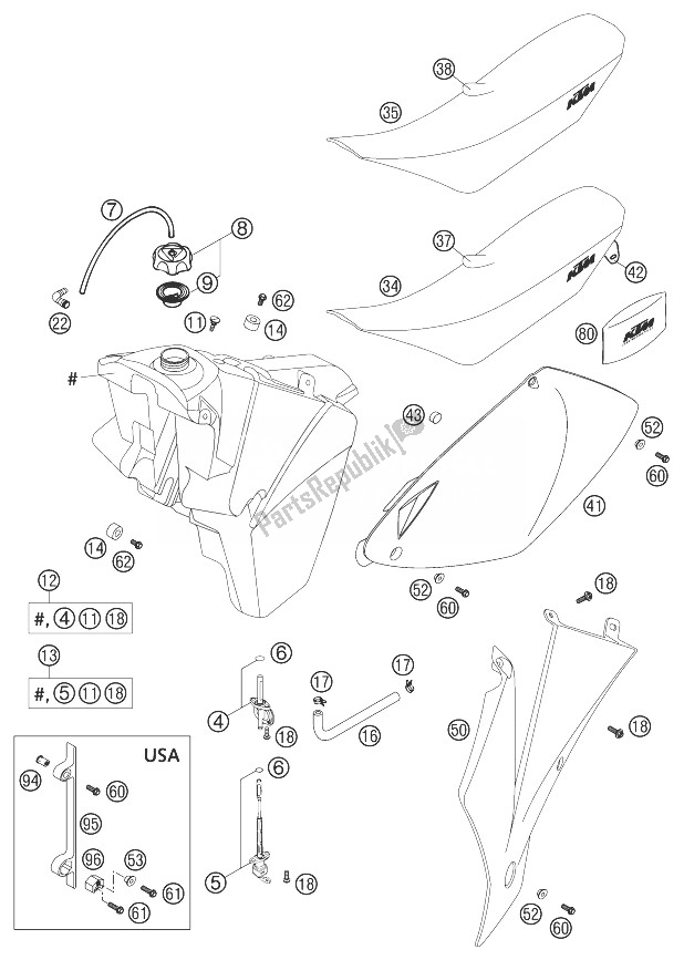Todas las partes para Depósito De Combustible, Asiento, Tapa 125/200 de KTM 125 SXS Europe 2003