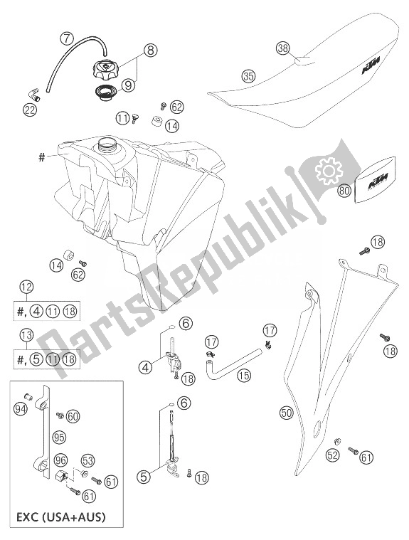 Alle onderdelen voor de Brandstoftank, Stoel, Hoes 125/200 van de KTM 125 EXC SIX Days Europe 2004