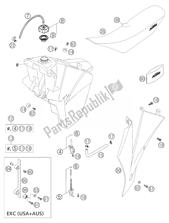 All parts for the Fuel Tank, Seat, Cover 125/200 of the KTM 125 SX Europe 2004