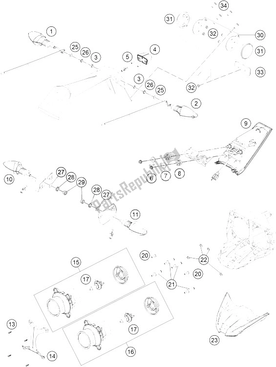 Alle onderdelen voor de Verlichtingssysteem van de KTM RC 390 White ABS B D 15 USA 2015