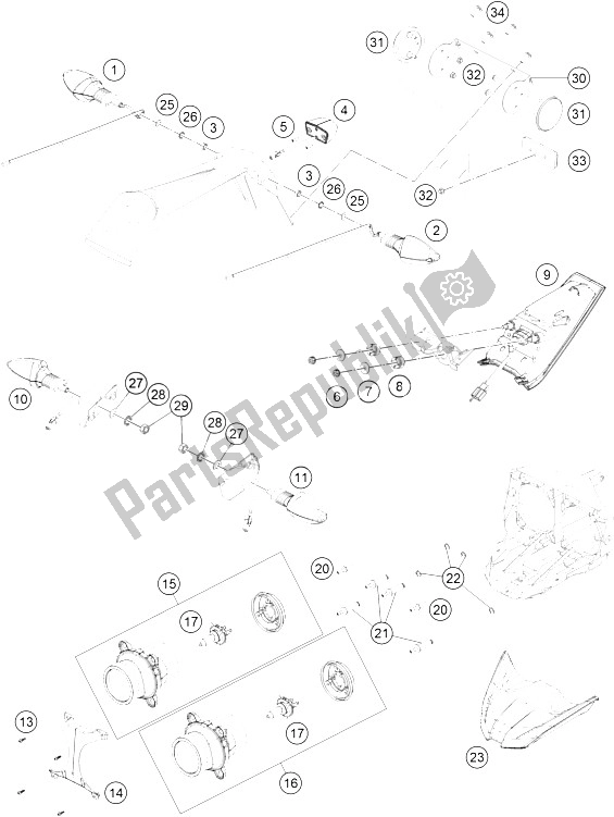 Alle onderdelen voor de Verlichtingssysteem van de KTM RC 390 White ABS B D 16 USA 2016