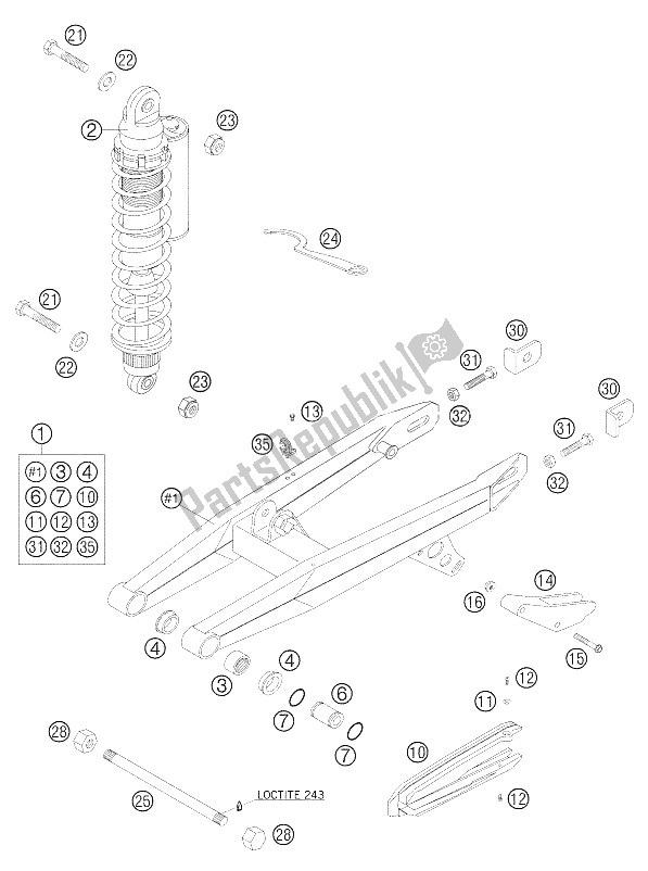 Alle onderdelen voor de Zwenkarm, Monoshock van de KTM 65 SX Europe 2005