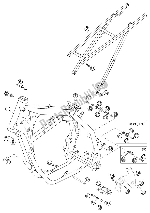 Tutte le parti per il Telaio, Telaio Secondario Da Corsa 2002 del KTM 250 EXC Racing USA 2002