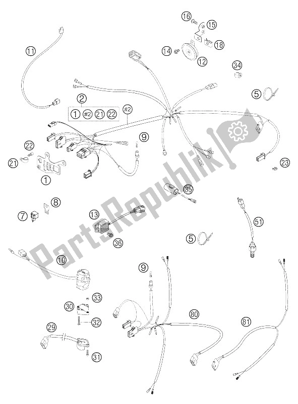 Tutte le parti per il Cablaggio 125-300 Exc Eu + Aus del KTM 125 EXC Europe 2005