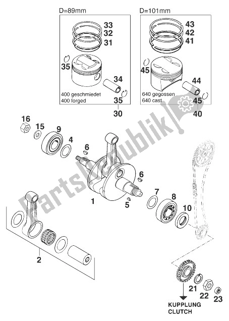 All parts for the Crankshaft - Piston 400/640 Lc of the KTM 640 Duke E United Kingdom 1998