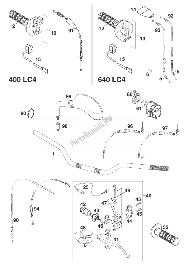 All parts for the Handle Bar - Controls Lc4 '98 of the KTM 640 LC 4 98 Europe 970386 1998