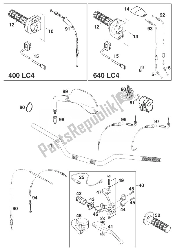 All parts for the Handle Bar - Controls Lc4 '98 of the KTM 640 LC 4 Silber 99 USA 1999