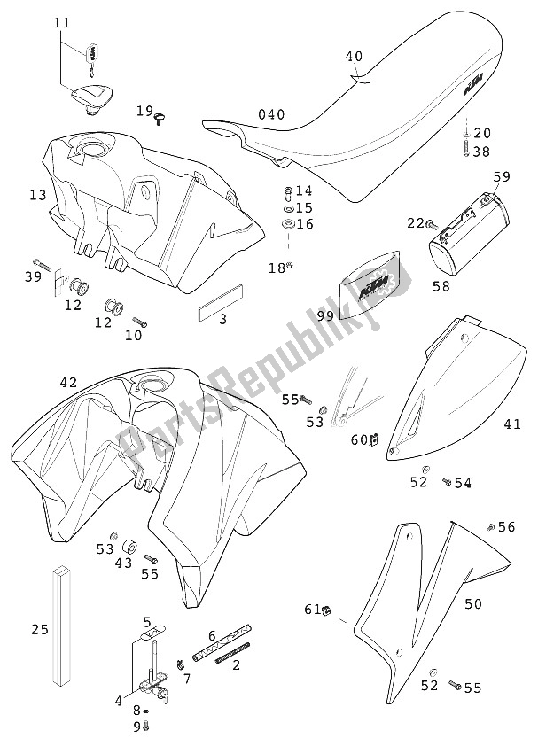 All parts for the Tank - Seat - Cover Lc4 2000 of the KTM 400 LC4 E Europe 932606 2000