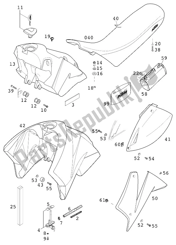 All parts for the Tank - Seat - Cover Lc4 2000 of the KTM 640 LC4 E Silber 18 5 LT Europe 2000