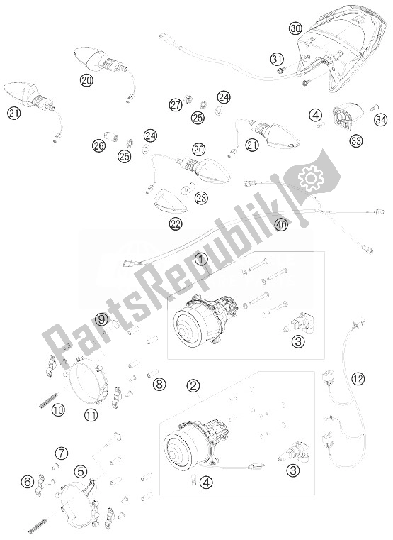 All parts for the Lighting System of the KTM 690 Duke Black USA 2010