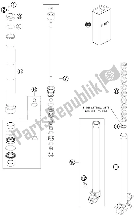 Alle onderdelen voor de Voorvork Gedemonteerd van de KTM 50 SX Europe 2015