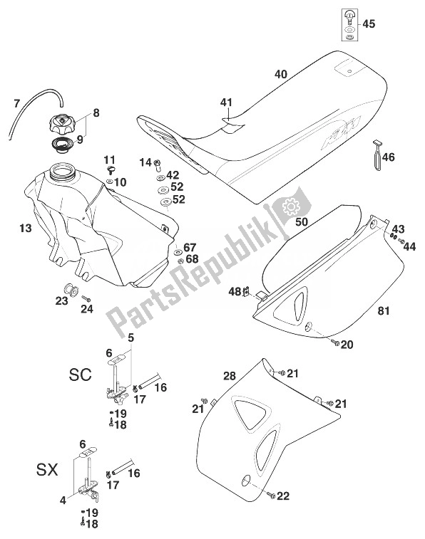 All parts for the Tank - Seat - Cover Sx,sc '98 of the KTM 620 Super Moto Comp 20 KW 98 Europe 872684 1998