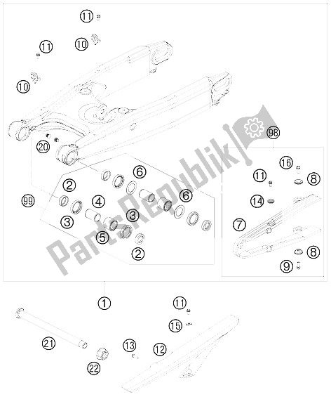 All parts for the Swing Arm of the KTM 990 Supermoto R France 2009