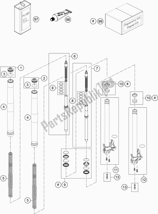 All parts for the Front Fork Disassembled of the KTM 1090 Adventure R EU 2017