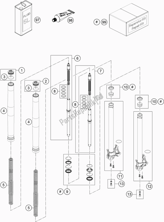 All parts for the Front Fork Disassembled of the KTM 1090 Adventure R EU 2018