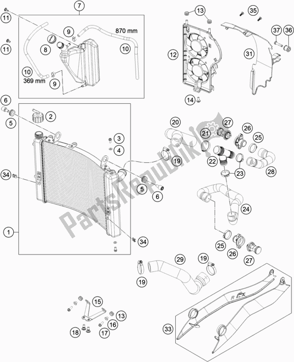 All parts for the Cooling System of the KTM 1090 Adventure R US 2018