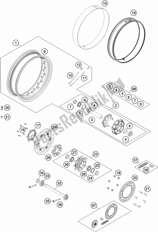 All parts for the Rear Wheel of the KTM 1090 Adventure R US 2018