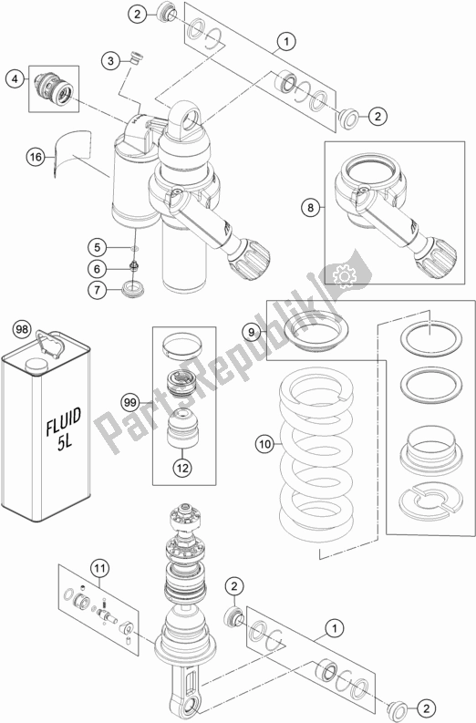 All parts for the Shock Absorber Disassembled of the KTM 1090 Adventure R US 2018