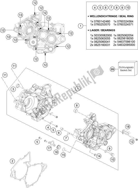 All parts for the Engine Case of the KTM 125 SX US 2018