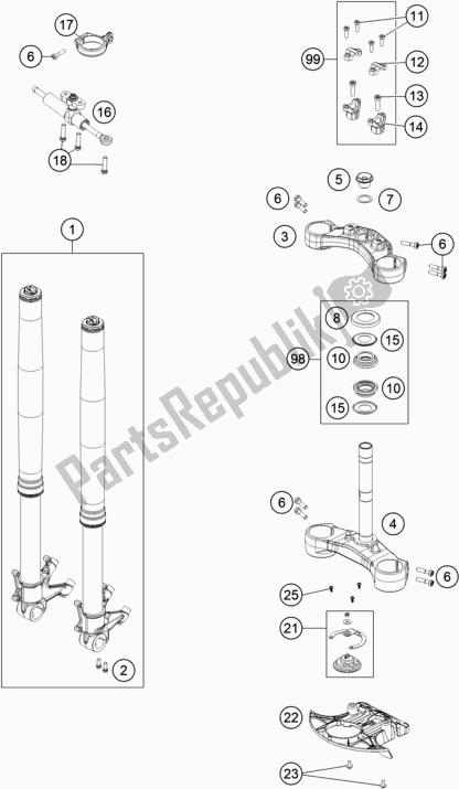 All parts for the Front Fork, Triple Clamp of the KTM 1290 S Adventure S,silver 2019