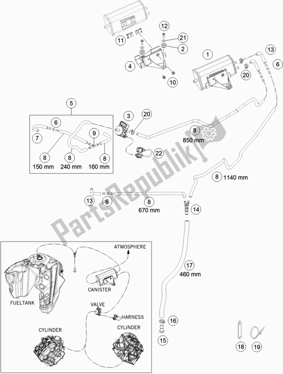 All parts for the Evaporative Canister of the KTM 1290 Super ADV. S Black 17 2017