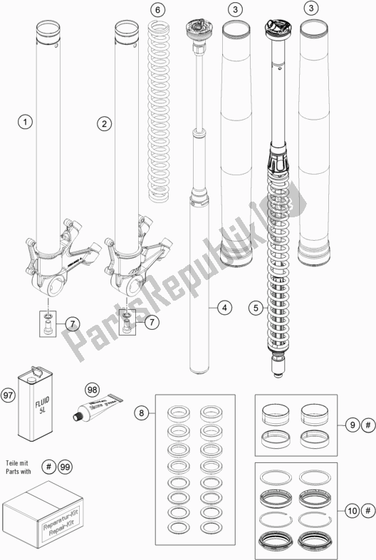 All parts for the Front Fork Disassembled of the KTM 1290 Super ADV. S Black 17 2017