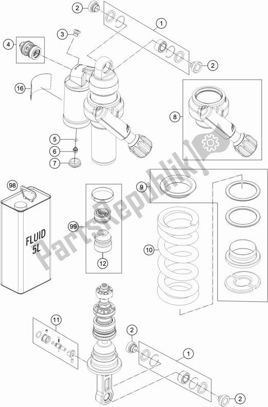 All parts for the Shock Absorber Disassembled of the KTM 1290 Super Adventure R EU 2018