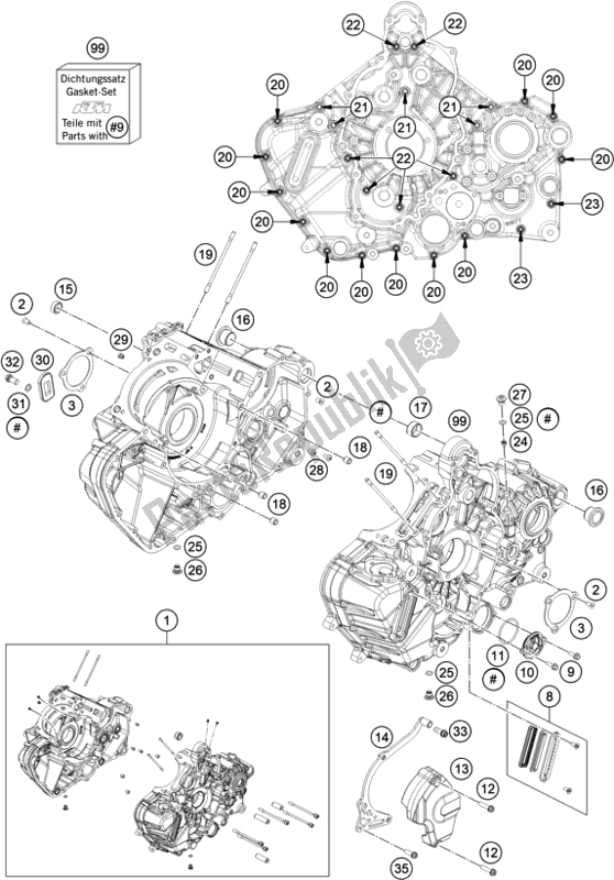 All parts for the Engine Case of the KTM 1290 Super Adventure R EU 2021