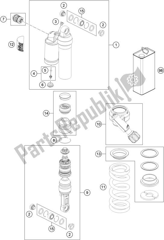 All parts for the Shock Absorber Disassembled of the KTM 1290 Super Adventure R EU 2021