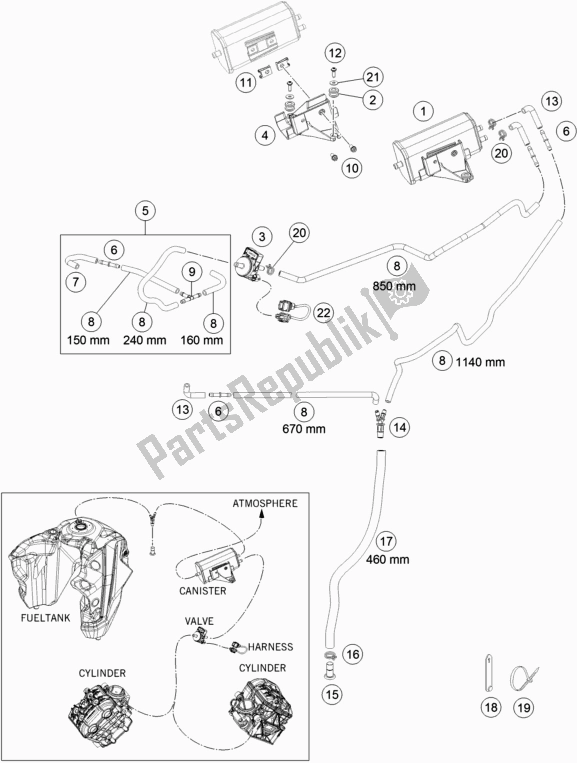 All parts for the Evaporative Canister of the KTM 1290 Super Adventure R TKC 2017