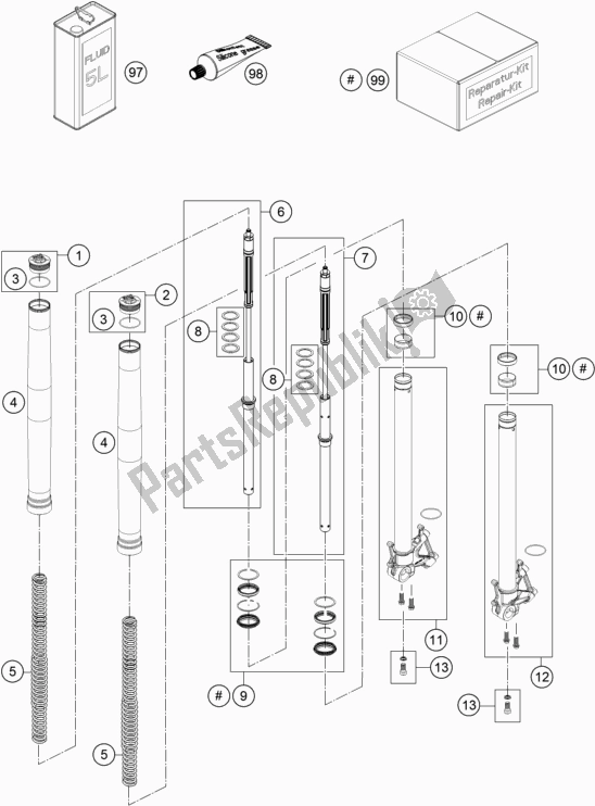 All parts for the Front Fork Disassembled of the KTM 1290 Super Adventure R TKC 2017