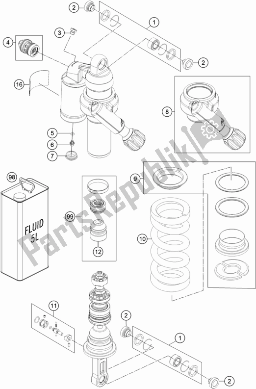 All parts for the Shock Absorber Disassembled of the KTM 1290 Super Adventure R TKC 2017