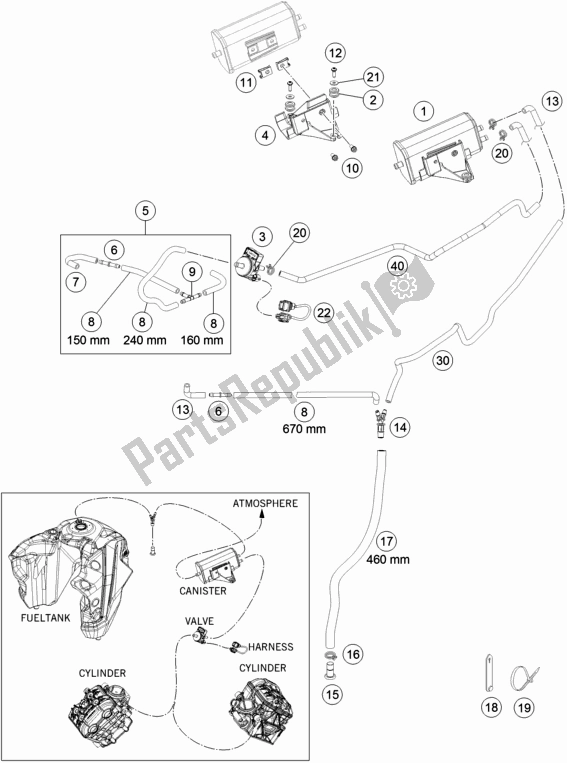 All parts for the Evaporative Canister of the KTM 1290 Super Adventure R TKC 17 EU 2017