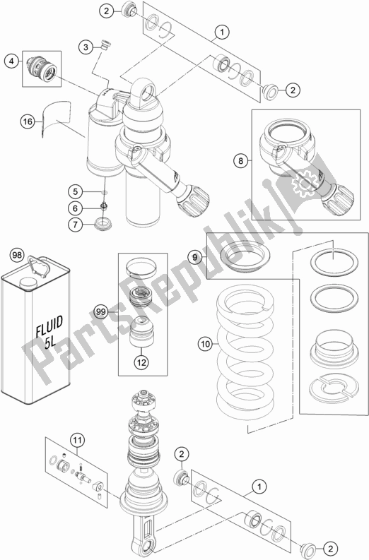 All parts for the Shock Absorber Disassembled of the KTM 1290 Super Adventure R TKC 17 EU 2017