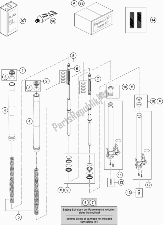 All parts for the Front Fork Disassembled of the KTM 1290 Super Adventure R TKC US 2019