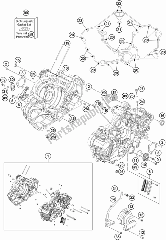 All parts for the Engine Case of the KTM 1290 Super Adventure S,orange EU 2018