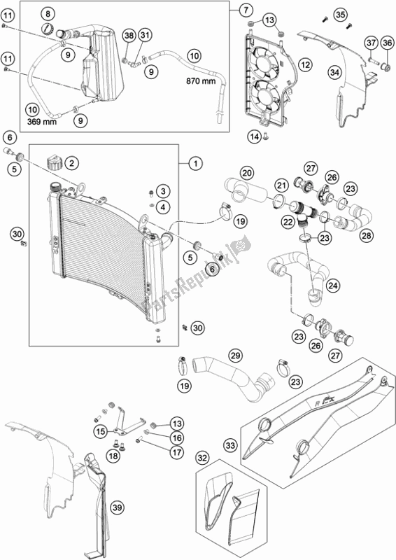 All parts for the Cooling System of the KTM 1290 Super Adventure S,orange EU 2019