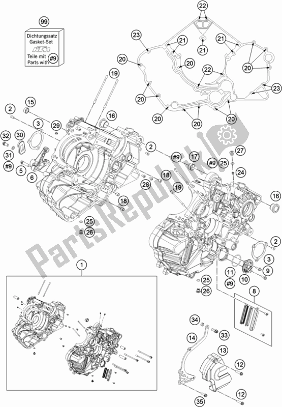 All parts for the Engine Case of the KTM 1290 Super Adventure S,orange EU 2019