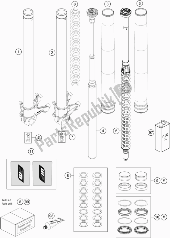 All parts for the Front Fork Disassembled of the KTM 1290 Super Adventure S,orange EU 2019