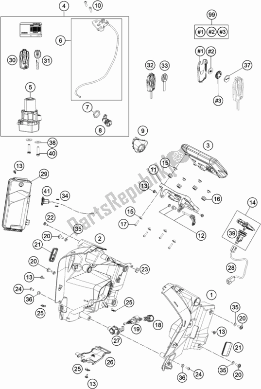 All parts for the Instruments / Lock System of the KTM 1290 Super Adventure S,orange EU 2019