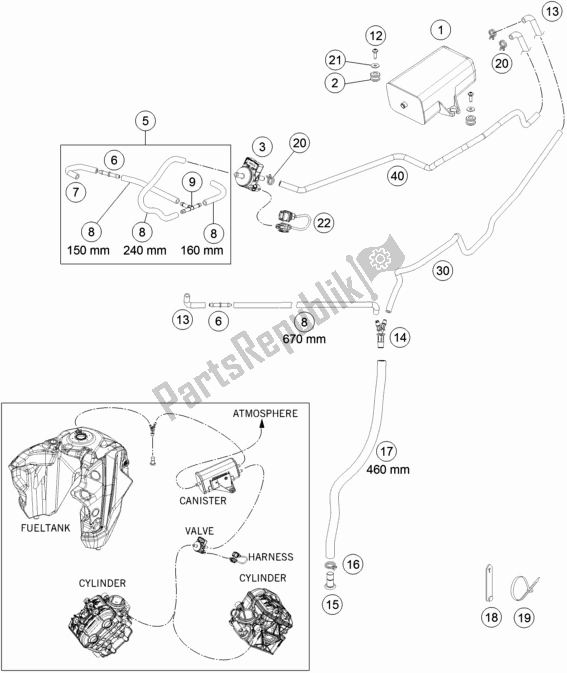 All parts for the Evaporative Canister of the KTM 1290 Super Adventure S,orange EU 2020