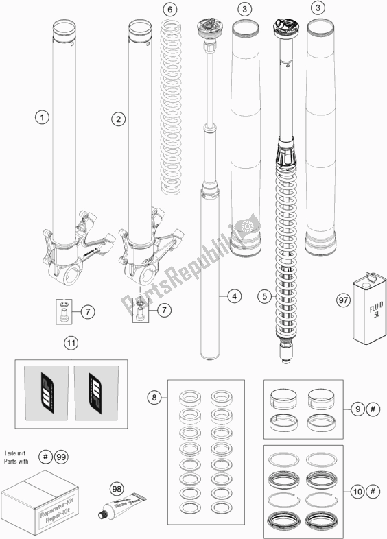 All parts for the Front Fork Disassembled of the KTM 1290 Super Adventure S,orange EU 2020