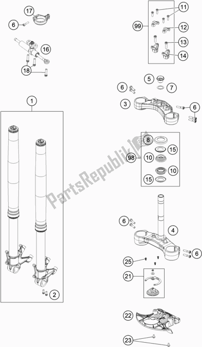 All parts for the Front Fork, Triple Clamp of the KTM 1290 Super Adventure S,orange EU 2020